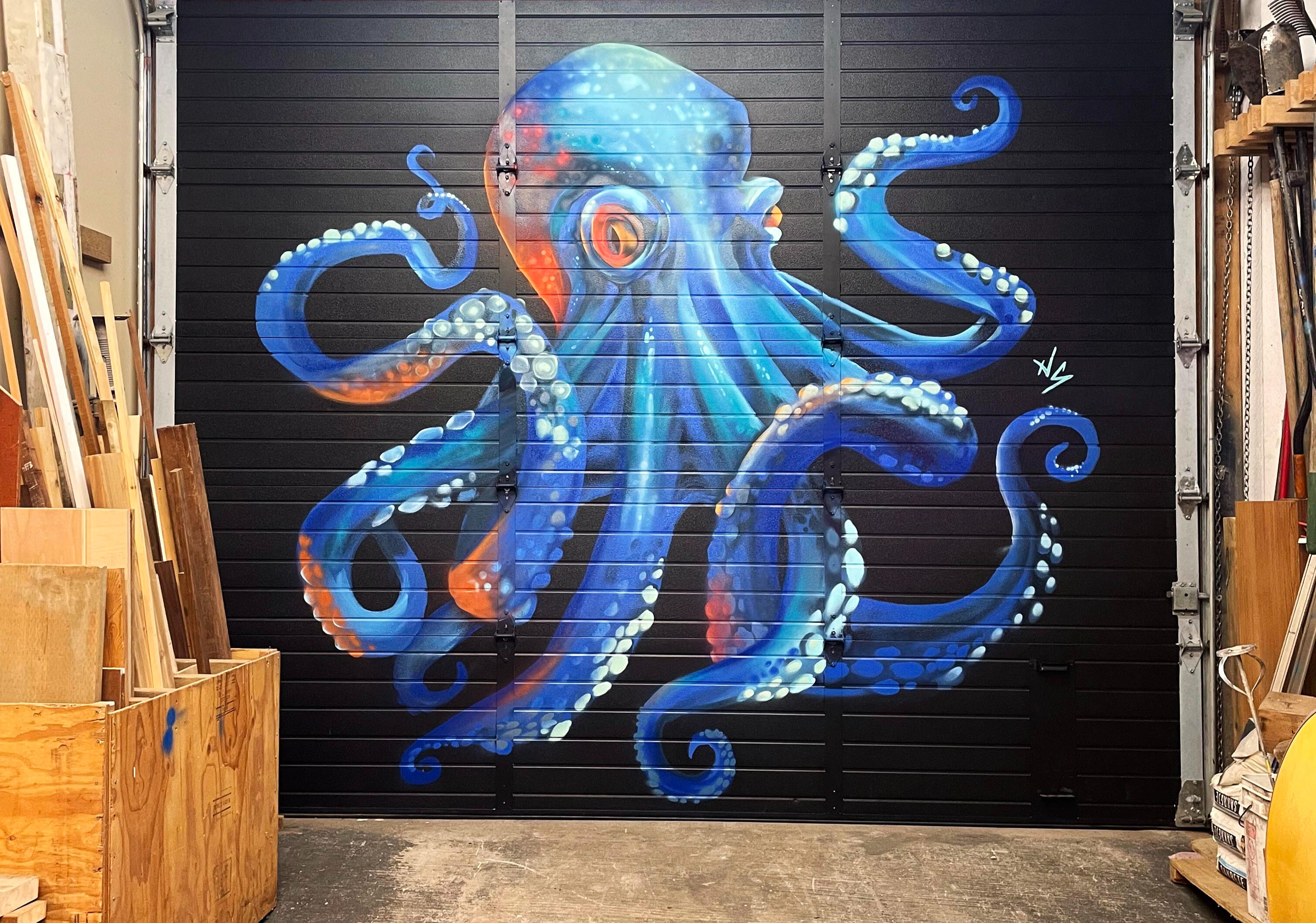 Octopus Mural painted for interior garage wall for carpentry workshop, Toronto. 2024