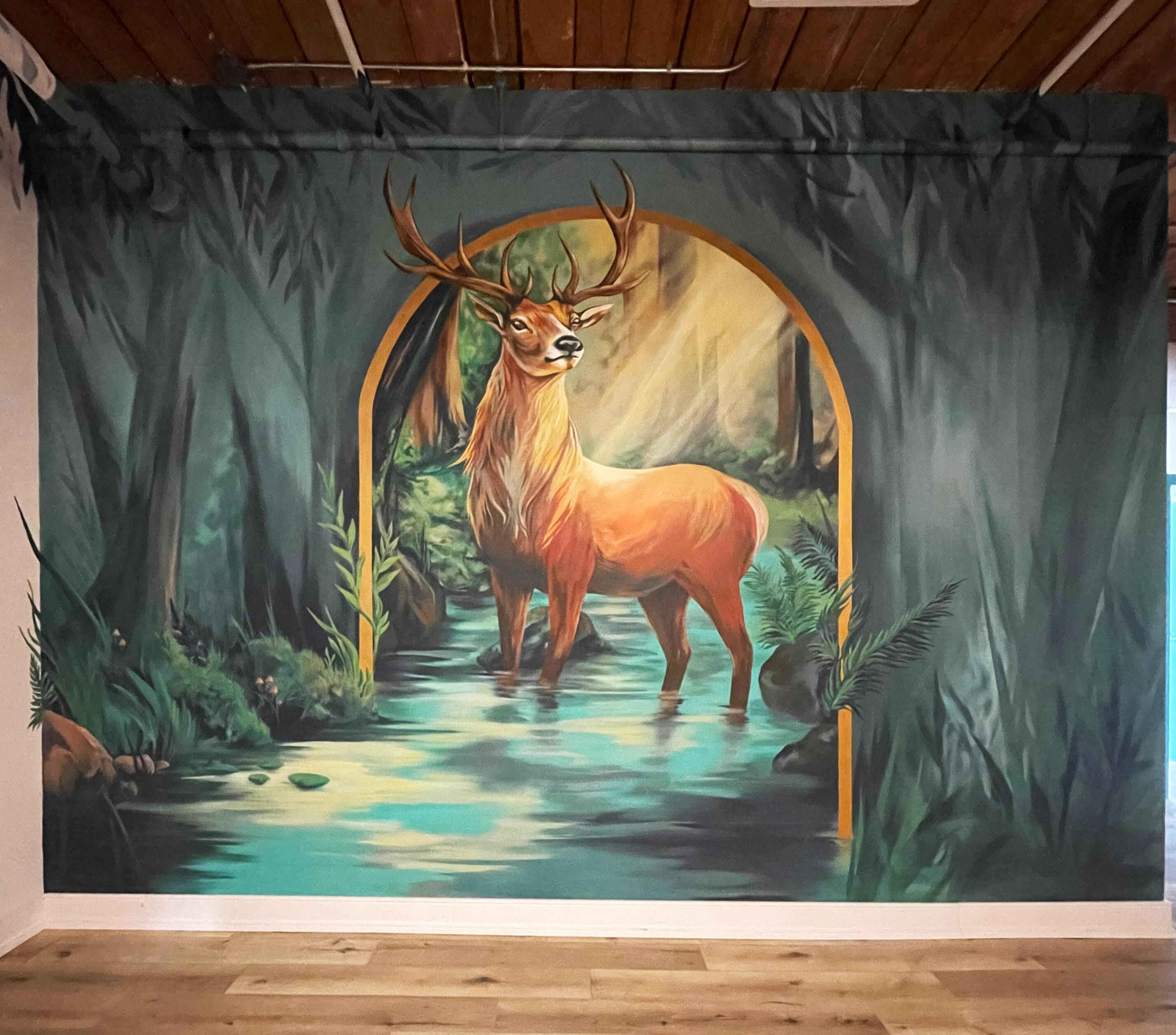 Deer in Forest scene mural commissioned for Toronto Community Massage and Wellness Clinic on College St. Toronto. 2024