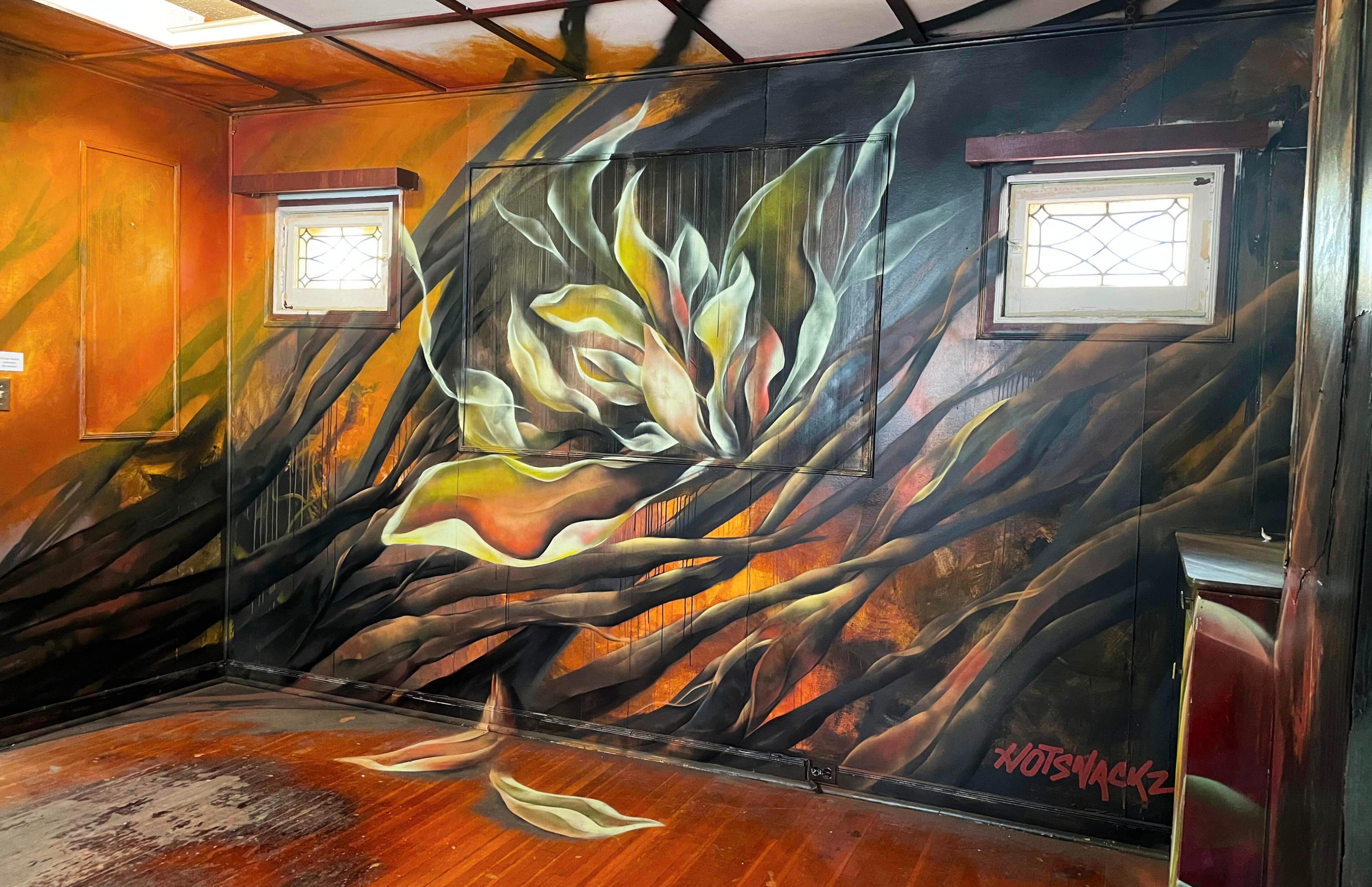“THESE ROOTS” Flower and roots mural painted inside entire room in pre-condemned house for ‘Art on Barton’ immersive mural group project. Latex and aerosol. 2024